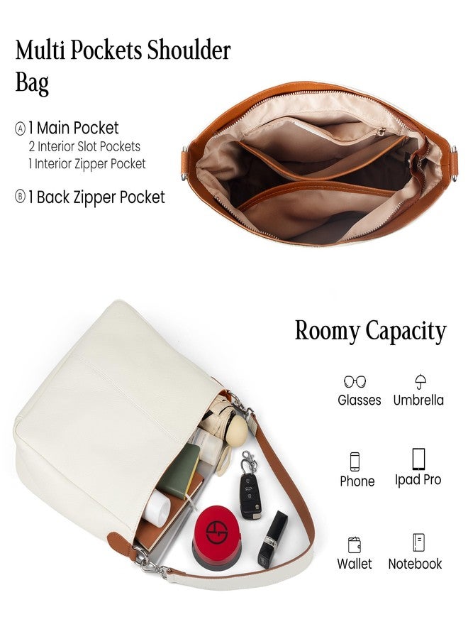 بيفن حقائب كتف متوسطة الحجم من الجلد الطبيعي من بيفن للنساء، حقائب كروسبودي نسائية بحزام قابل للتعديل، بيج مع بني - Image 3